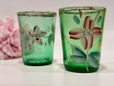 Pair Of Antique Victorian Green Drinking Glasses with Handpainted Flower Design. picture