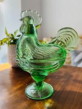 Vintage Westmoreland Green Glass Standing Rooster on Nest Pedestal Candy Dish picture