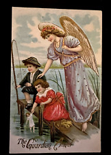 Guardian Angel Protects Children in Water~Fishing~1910 ~Greeting Postcard~h912 picture
