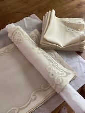 Vintage Madeira Ecru Organdy Linen Embroidered 17 pc Placemats Napkins & Runner picture