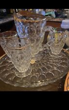 VTG c1950 JEANETTE THUMBPRINT GOLD TRIM  PITCHER with 3 GLASSES and TRAY picture