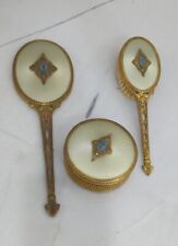 Antique Art Nouveau guilloche Gilt Vanity Mirror trinket box Brush dresser set picture