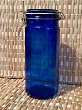 Vintage Cobalt Blue Glass 12 Panel Canister Jars w/ Wire Bail Lid 10” picture