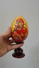 Rare Russian Orthodox Wood icon Virgin Mary Christ Egg On Stand Hand-Painted100% picture