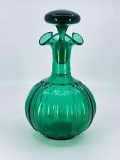 Beautiful vintage decanter ruffled top hand blown w/ stopper emerald green 1970s picture
