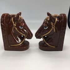 Vintage MCM Retro Brown Ceramic Glazed Horse Head Bookends 6” Tall, 3” Wide. picture