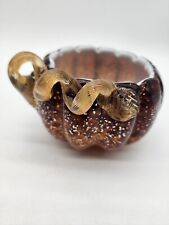 Amber Gold Brown Glass Pumpkin Bowl Silver Sparkles & Ribbed Stem  picture