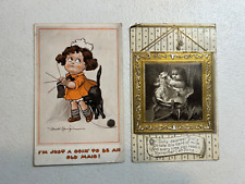 2 Vintage 1911 & 1920 Little Girl Child Doll Cat Old Maid Fred Spurgin Postcards picture