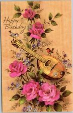 postcard Happy Birthday - lute with flowers and birds picture