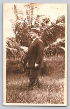 RPPC Man Straw Boater Hat Outdoors Palm Real Photo P473 picture
