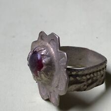 VERY STUNNING ANCIENT RARE VIKING RING SILVER COLOR RED STONE ANTIQUE AUTHENTIC picture
