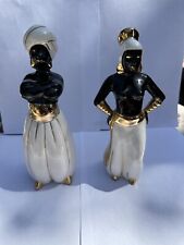 Pair of Vintage Nubian Blackamoor Harem Dancer Ceramic Figures gold trim 60s 50s picture