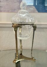 Vintage Tall Brass Stand With Bull Accents Crackle Glass Compote Apothecary Jar picture
