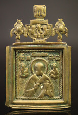 Antique Russia 17-18th century Orthodox bronze icon of Saint Nicholas picture