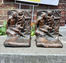 ANTIQUE WEIDLICH BROTHERS WB BRONZE INDIAN BOOKENDS - BOW HUNTING picture