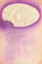 c1910 Fantasy Pretty Woman Flowers Purple Airbrushed Embossed Easter P386 picture