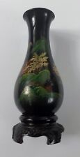 VTG Chinese Fuzhou Hand Painted Black Lacquerware Vase 8