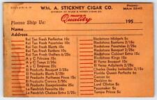 1950's WM A STICKNEY CIGAR CO VINTAGE POSTCARD ORDER FORM PRICE LIST TOBACCO picture