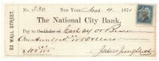 National City Bank - dated 1870's Check with Revenue - 52 Wall Street, New York, picture