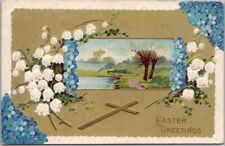 Vintage 1910s EASTER GREETINGS Embossed Postcard Gold Cross / River Scene picture