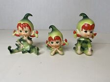 Vintage Lefton Christmas Pixies Elf Girls Redheads Figures Set 3 In Green RARE picture