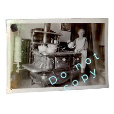 Vintage 1910 Photo CAST IRON STOVE w/ Woman Pots Pans Teapot Kitchen picture