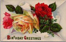 Vintage HAPPY BIRTHDAY Gel Postcard / Yellow & Red Roses *Cracking - 1910s picture