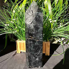 5.39LB TOP Natural black tourmaline Quartz obelisk Crystal wand point Healing picture