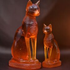 RARE ANCIENT EGYPTIAN ANTIQUES 2 Statue Goddess Bastet Cat Made Amber Stone BC picture
