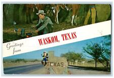 c1950's Greetings From Waskom Cooking Cowboy Highway Texas TX Unposted Postcard picture