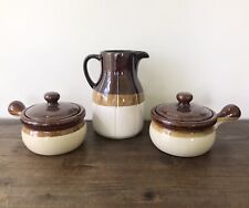 Vintage Brown Cream Glazed Ceramic Stoneware PITCHER Soup CROCK POTS Handle Lids picture