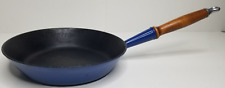 Vintage Le Creuset #24 Blue Enameled Cast Iron 9.5”Skillet Fry Pan Wood Handle picture