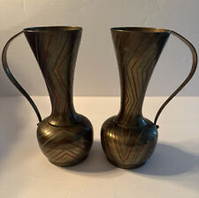 Brass Pitchers Vases 2 Mid Century Rare  India Engraved Lines Handle picture