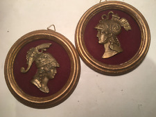 ANTIQUE VINTAGE PAIR ITALIAN ROUND WOOD FRAMED ANCIENT SOLDIERS MYTHOLOGICAL picture