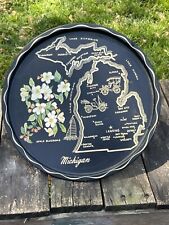 Vintage Michigan Round Metal Souvenir Serving Tray Black with Map & State Flower picture