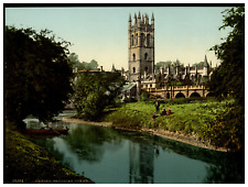 England. Oxford. Magdalen Tower from the Water Walks. Vintage Photochrome by P picture
