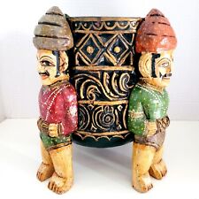 Unique Vintage India Planter Bowl Hand Carved Painted Wood 4 Music Men Heavy 9