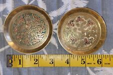 2 Ethched Solid Brass Small Trinket Dish  Jewelry Coin Holders Vintage  picture