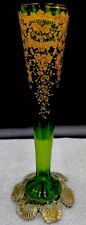 RARE Antique Victorian Harrach Green 24k Gold Bohemia Signed Bud Vase 10 3/8 picture
