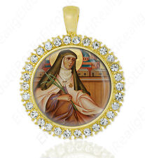 St Edith Stein Patron Catholic Gold Tone Medal Pendant w Rhinestones Crystals picture