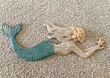 Unique Swimming Mermaid W/ Seashells Large Wall Decor 22” Driftwood Look picture