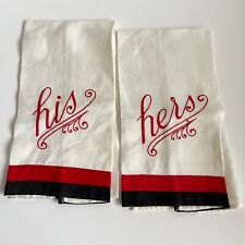 Vintage Linen Hand Embroidered HIS & HERS Hand Towels red black white picture