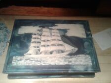 Vintage Large Genuine Incolay Blue Stone Sailing Ships Nautical Jewelry Box NICE picture