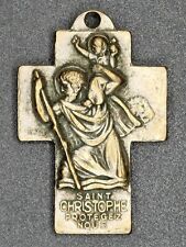 VINTAGE ST. CHRISTOPHER MEDALLION Cross Shape FRENCH VERSION Protegez Nous JESUS picture