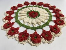 Vintage Doily Crochet 3D Red Roses Cotton Folded Pinwheel Lace Flower Floral 15” picture