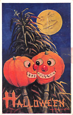 1909 sgd Wall Full Moon Jack O' Lanterns Sheaf of Wheat Halloween postcard as is picture