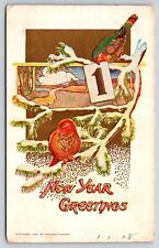 New Year~Bird w/Jan 1 Pg~Red Bird~Snowy Branch~Art Deco~Emb~The Rose Co~1908 PC picture