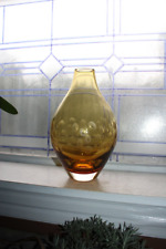 Large Vintage Krosno Poland Amber Morocco Glass Vase with Cut Circles  11