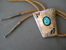 Native American Navajo Turquoise Sterling Silver Etched Shadowbox Bolo Tie 68g picture