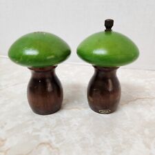 Vintage MCM Salt and Pepper Shakers Green Wooden Made in Japan Hippie Groovy picture